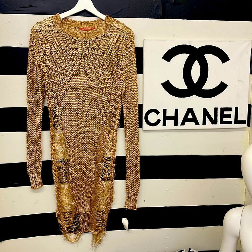 NWT Metallic Gold Sweater Dress or Top. Size Small/Medium. See-through